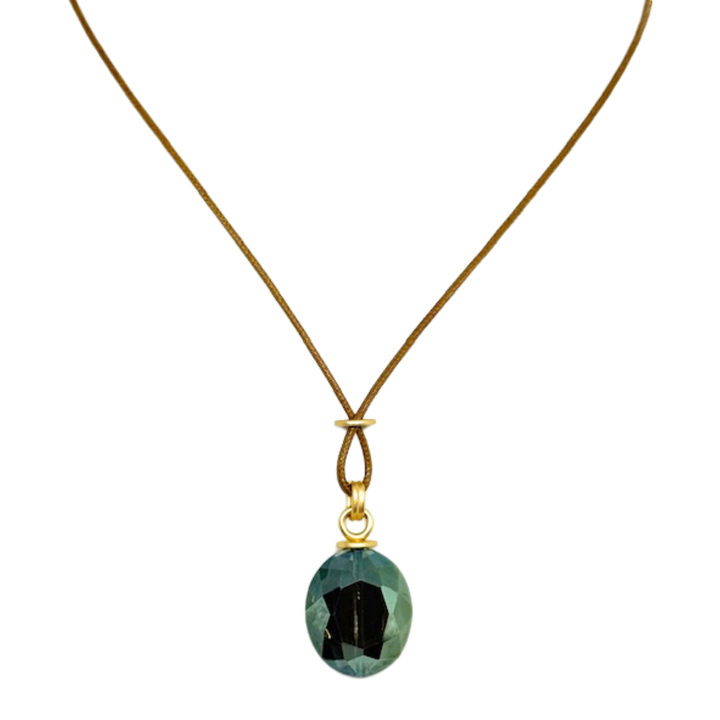 Large Olive Oval Crystal on Natural Linen Necklace