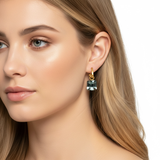 Matte Gold Paperclip and Olive Square Crystal Charm Earrings