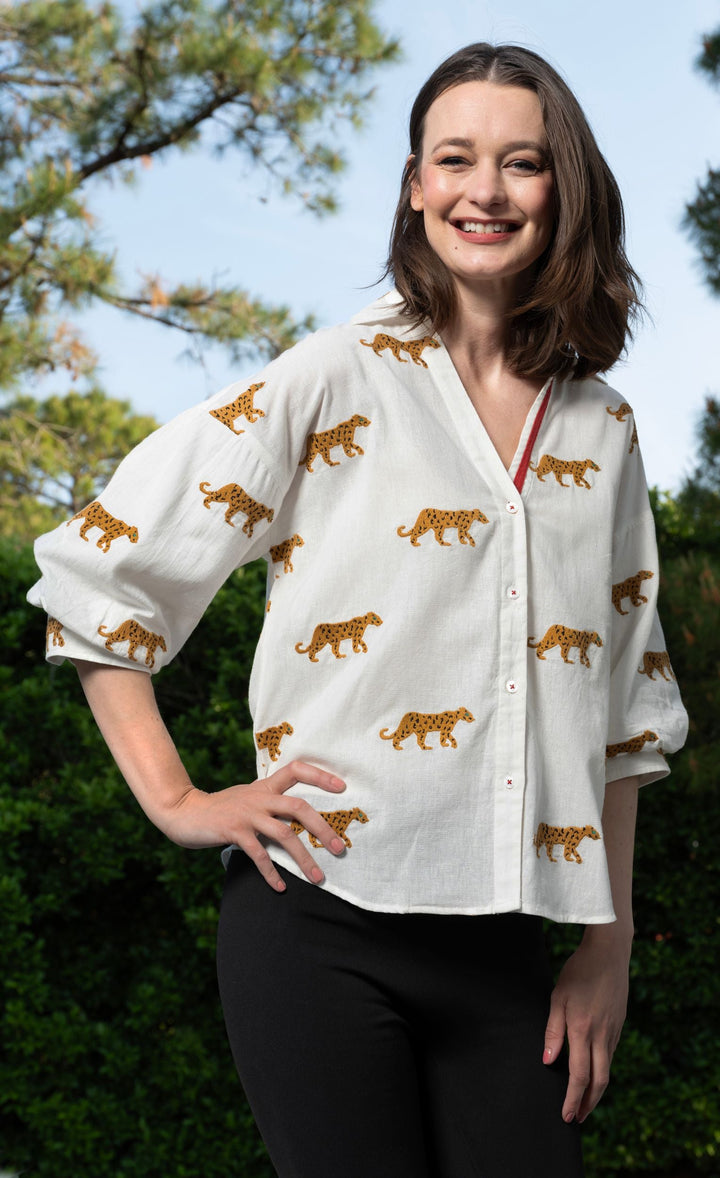 Milano Top Ivory Embroidered Cheetahs