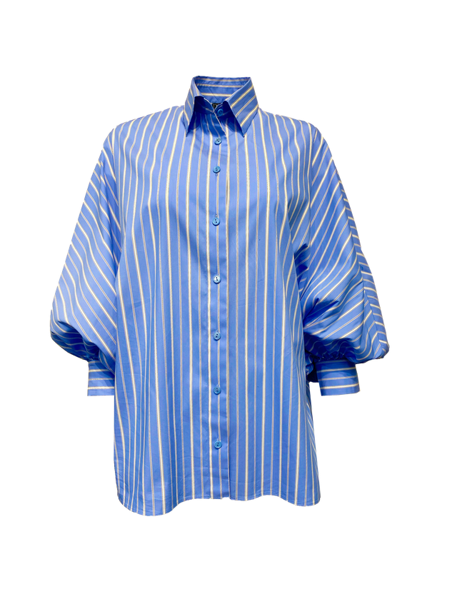 Oxford Blouse with Blouson Sleeve in Blue/White Stripe