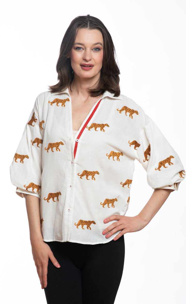 Milano Top Ivory Embroidered Cheetahs