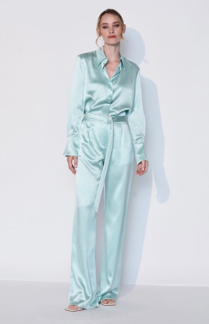 Turquoise Silk Button Down Shirt