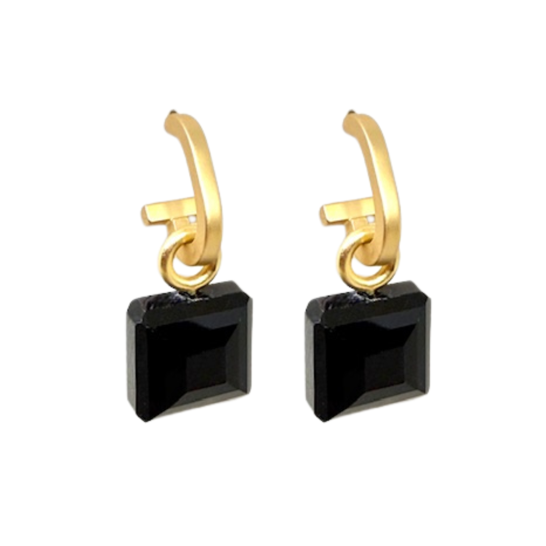 Matte Gold Paperclip and Black Square Crystal Charm Earrings
