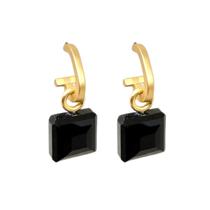 Matte Gold Paperclip and Black Square Crystal Charm Earrings