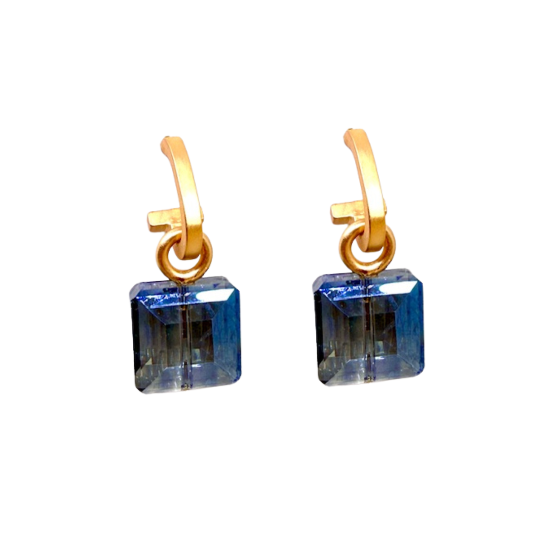 Matte Gold Paperclip and Blue Square Crystal Charm Earrings