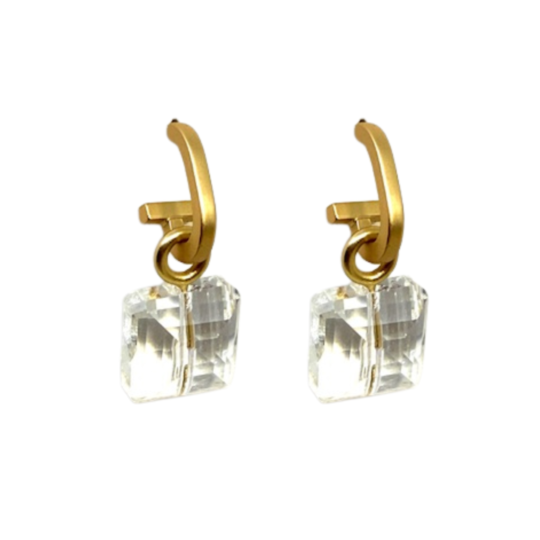 Matte Gold Paperclip and Clear Square Crystal Charm Earrings