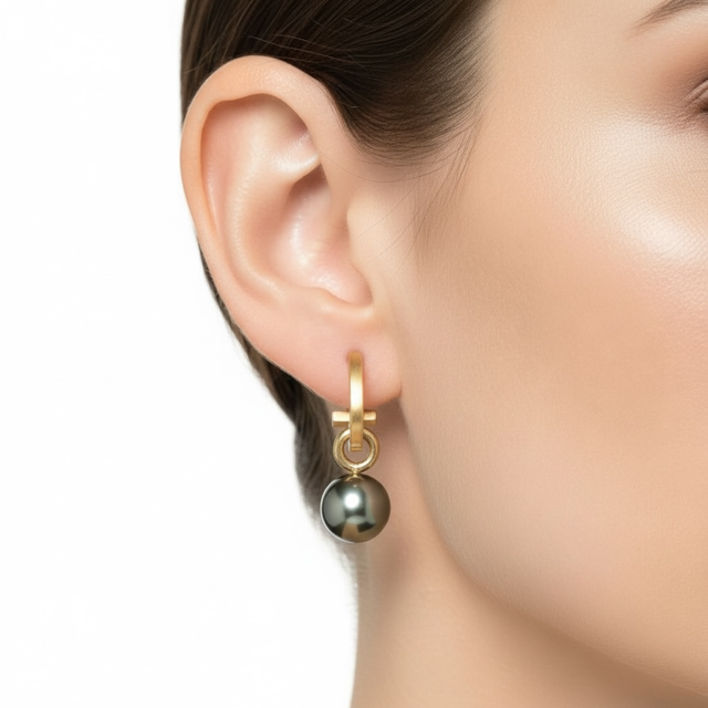 Matte Gold Paperclip and Taupe Pearl Charm Earrings