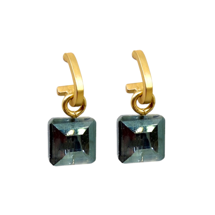 Matte Gold Paperclip and Olive Square Crystal Charm Earrings