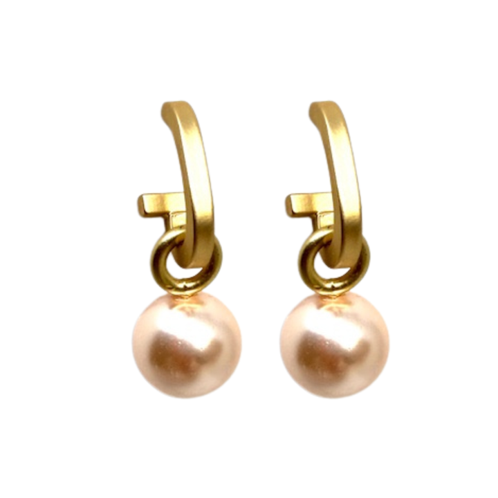 Matte Gold Paperclip and Pink Pearl Charm Earrings
