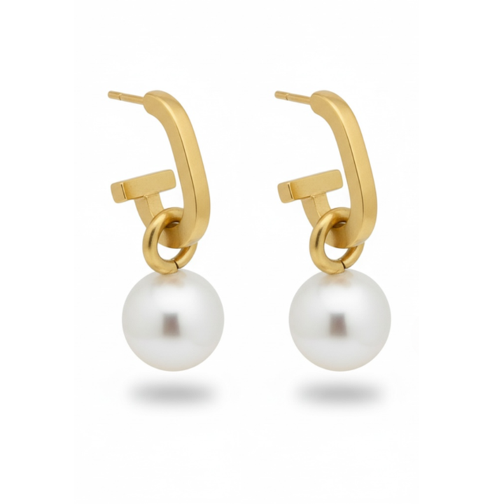 Matte Gold Paperclip and White Pearl Charm Earrings