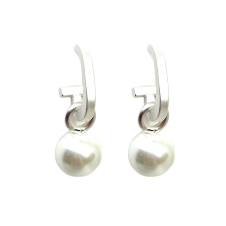 Matte Silver Paperclip and White Pearl Charm Earrings
