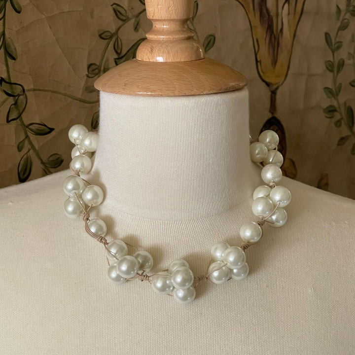 Glass Pearl Woven Putty Leather Necklace
