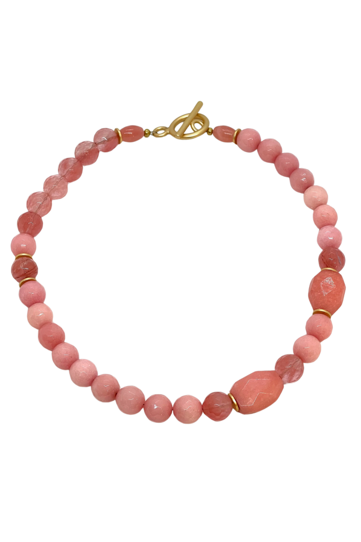 Peach Quartz, Watermelon Quartz and Pink Jade Beaded Necklace