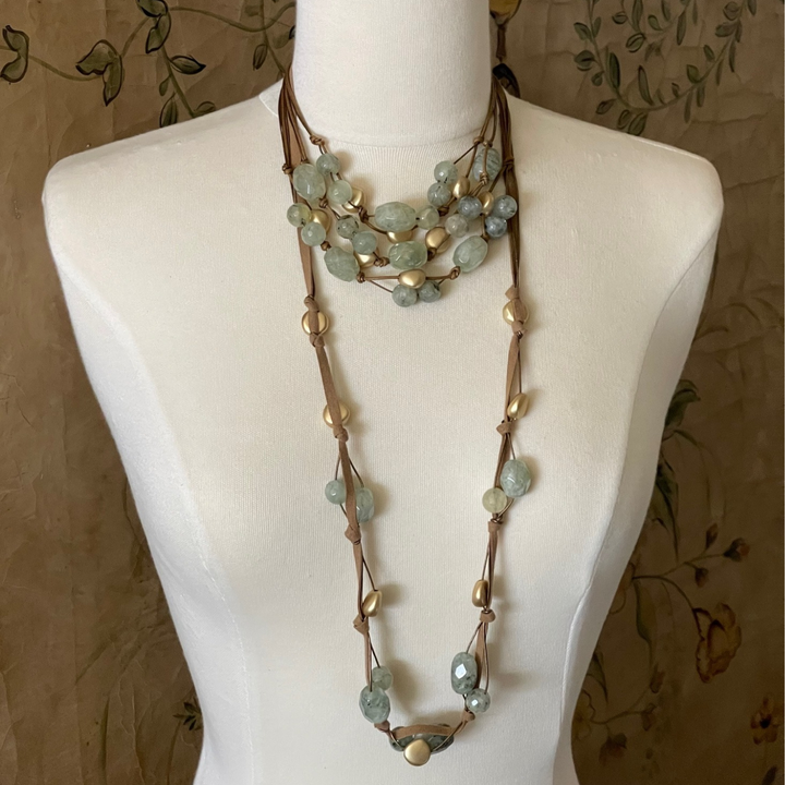 Prehnite and Matte Gold Bead Bronze Linen Torsade Necklace