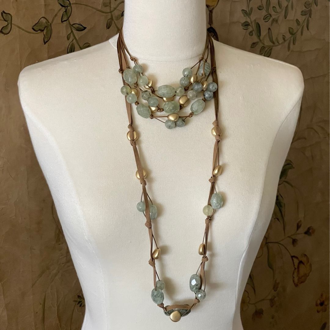 Prehnite and Matte Gold Nugget Necklace on Bronze Suded and Leather