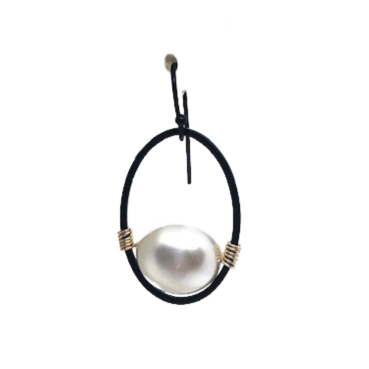 Pearl Matte Black Oval Gold Wire Wrap Earrings