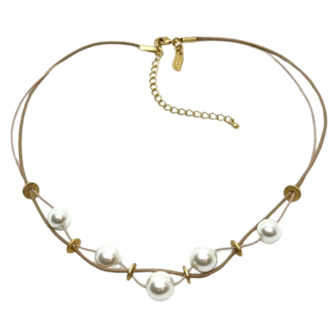 White Pearl and Natural Linen Matte Gold Disk Necklace