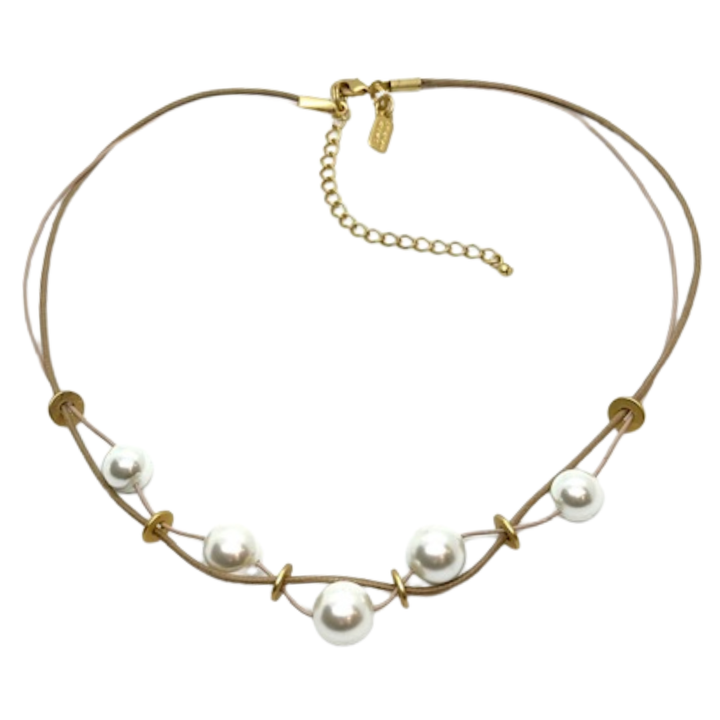 White Pearl and Natural Linen Matte Gold Disk Necklace