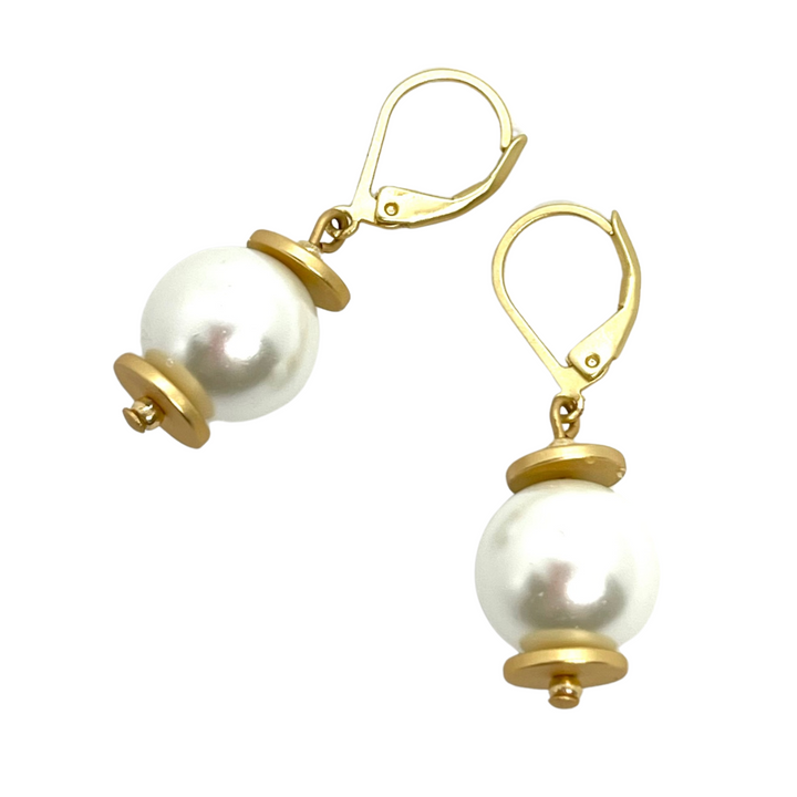 Pearl and Gold Saucer Accent Lever Back Earrings