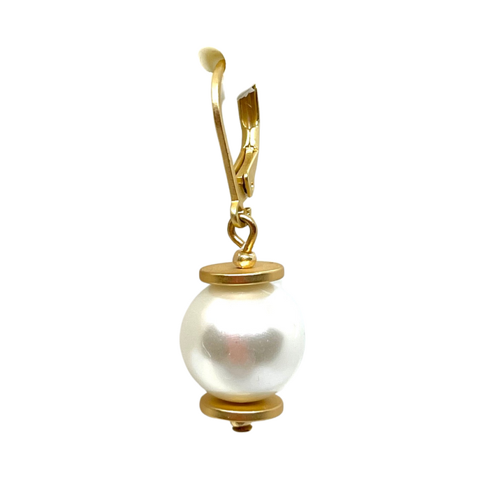 Pearl and Gold Saucer Accent Lever Back Earrings