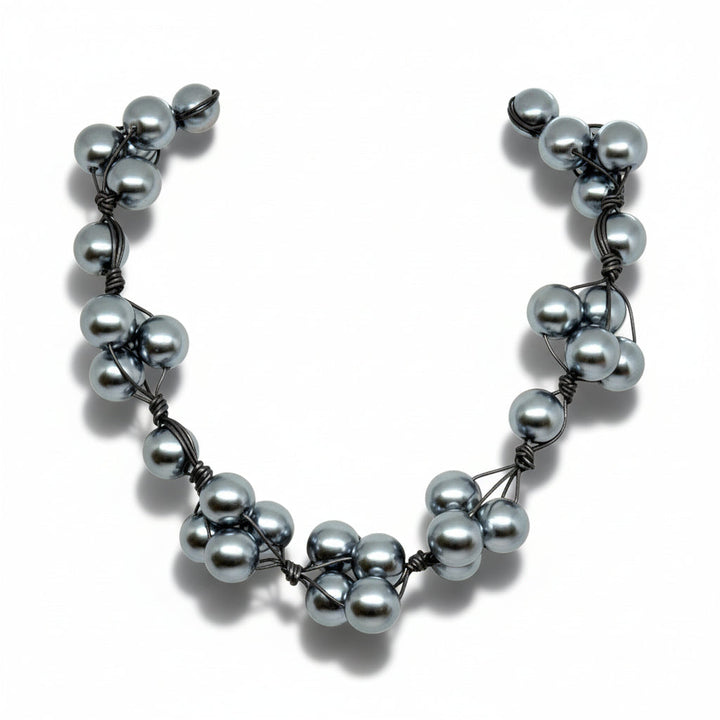 Grey Glass Pearls and Platinum Leather Woven Necklace