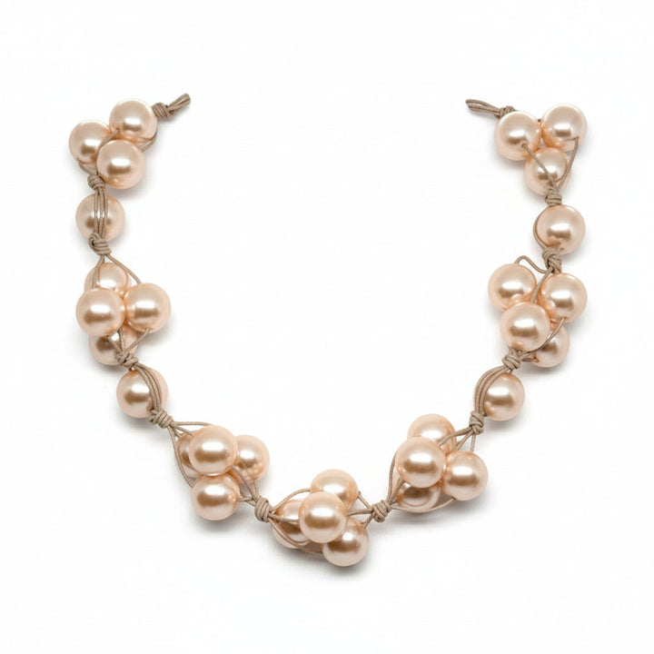 Pink Glass Pearls and Natural Leather Woven Necklace