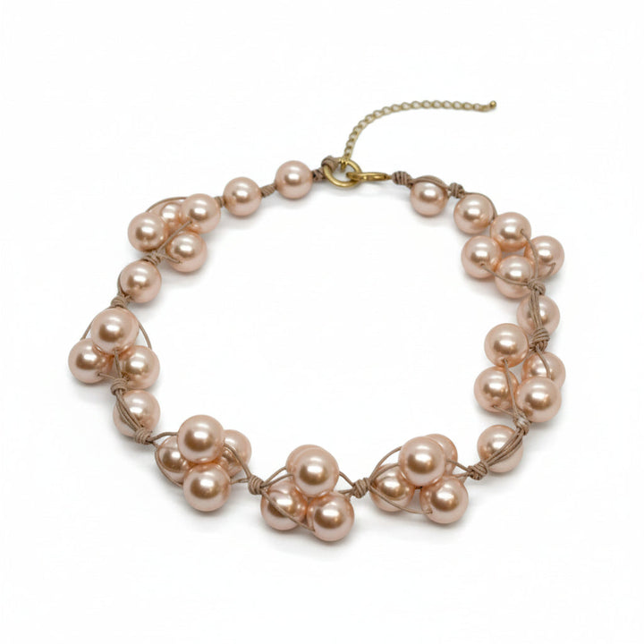 Pink Glass Pearls and Natural Leather Woven Necklace
