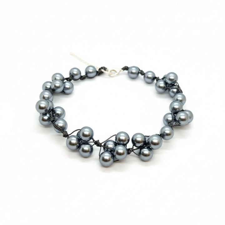 Grey Glass Pearls and Platinum Leather Woven Necklace