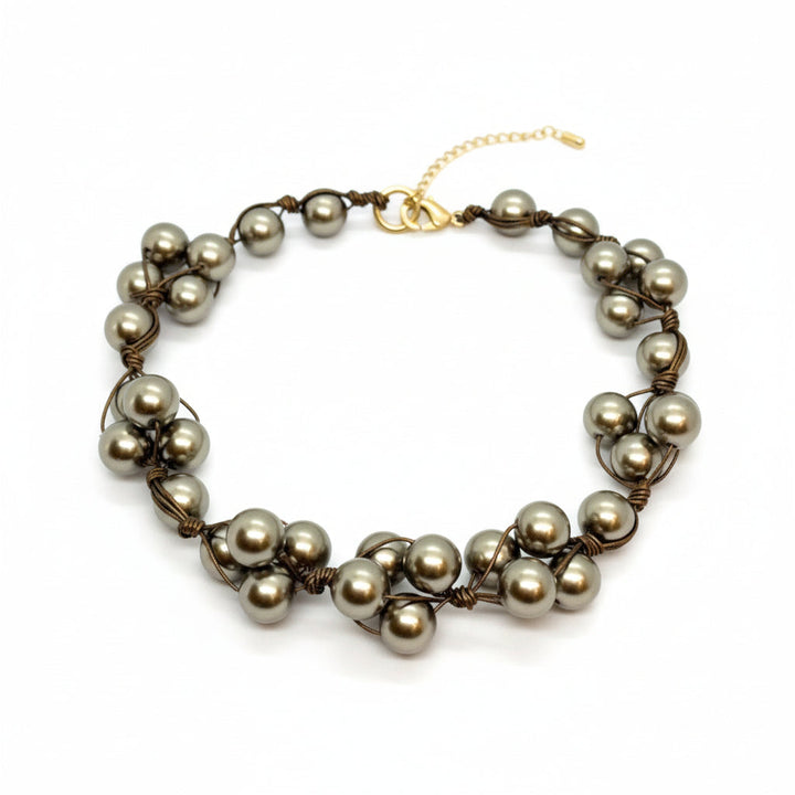 Taupe Glass Pearls and Bronze Leather Woven Necklace