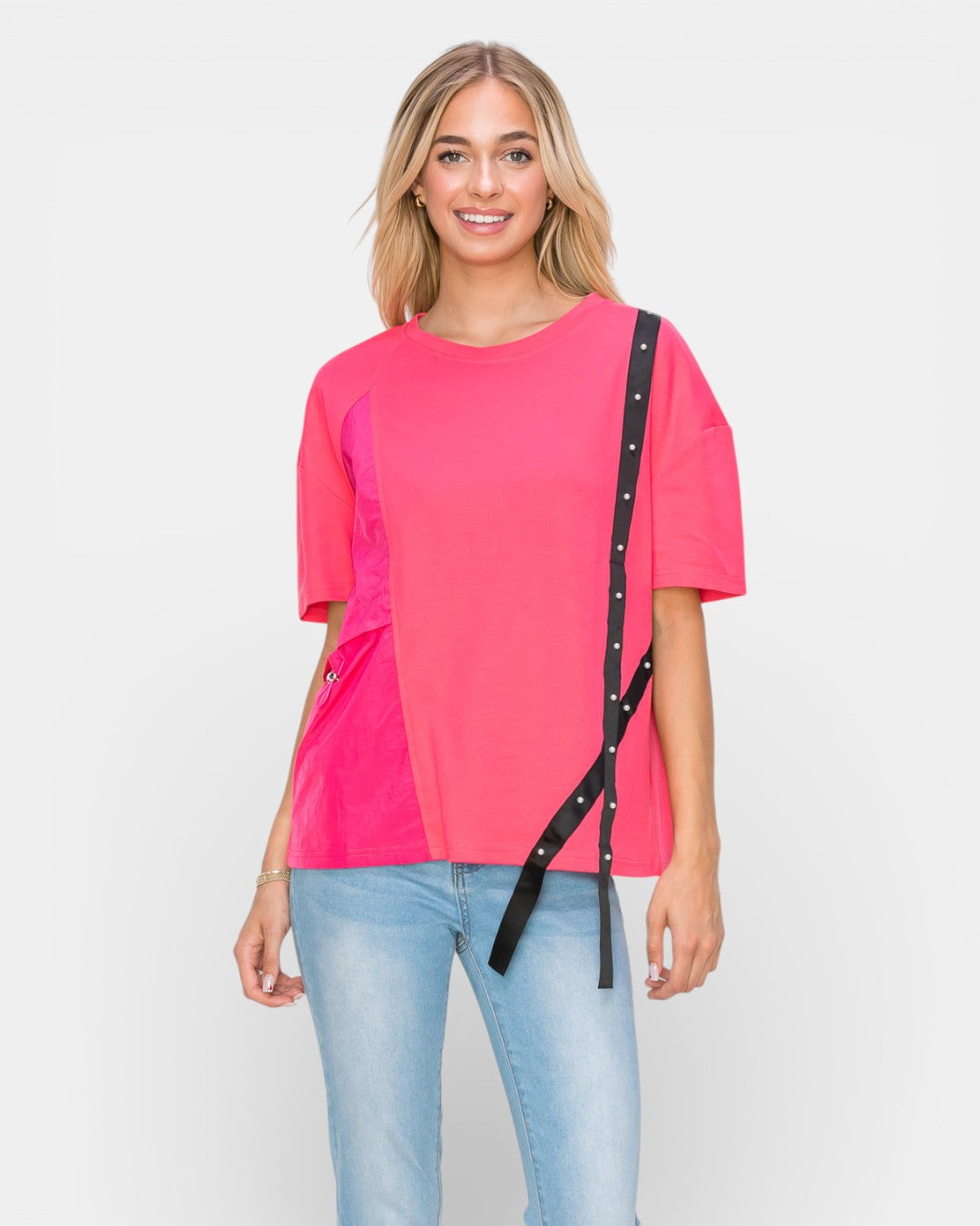 Rebecca Pointe Knit Top with Grosgrain Ribbon & Pearls 33063RP / Hot Pink / XS