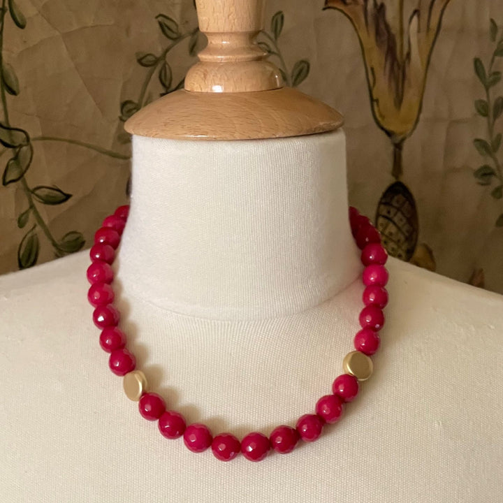 Red Jade Necklace With Matte Gold Flat Bead Accents
