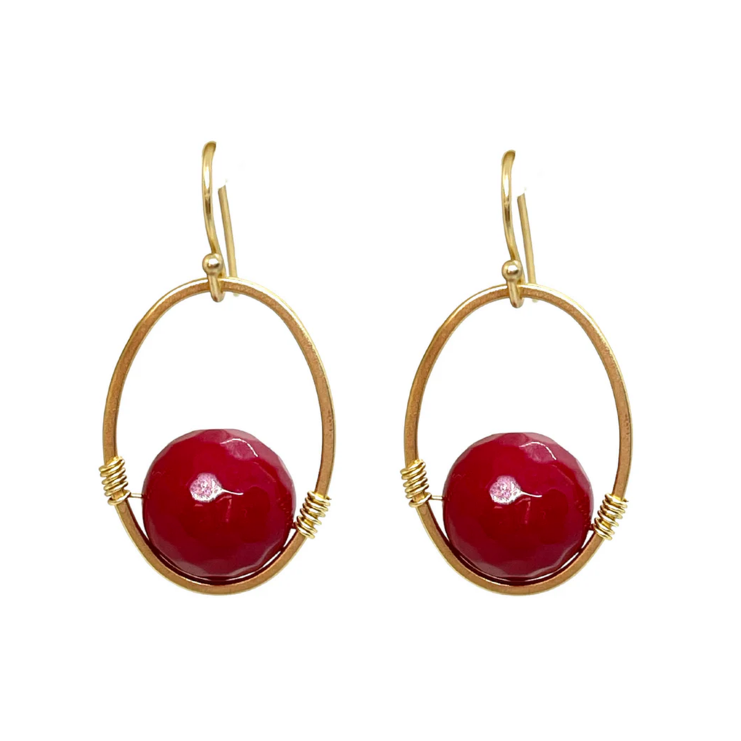 Red Jade And Matte Gold Wire Wrap Oval Earrings