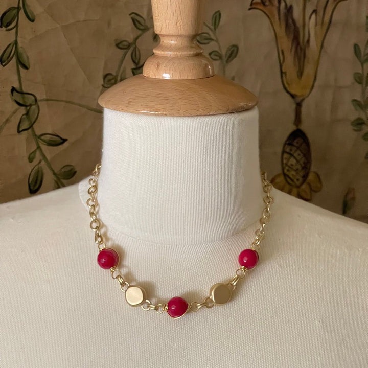 Red Jade Wire Wrapped Matte Gold Necklace