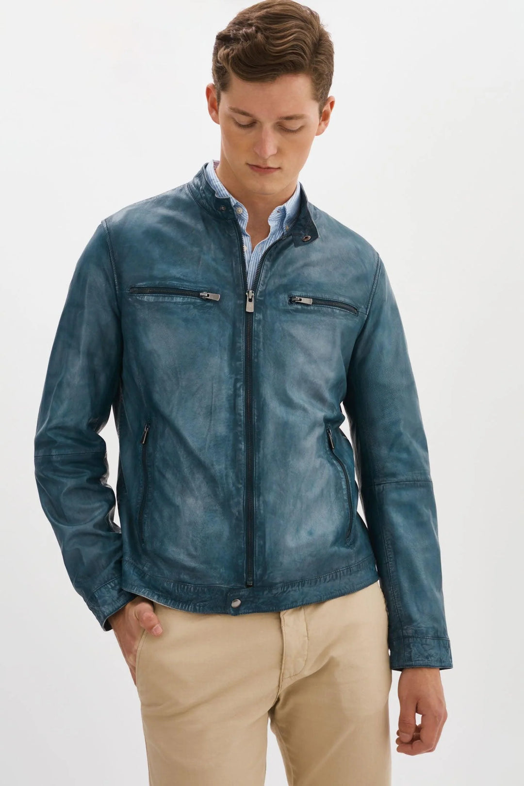 NASH LEATHER JACKET WITH CONTRAST PIPING ICE BLUE