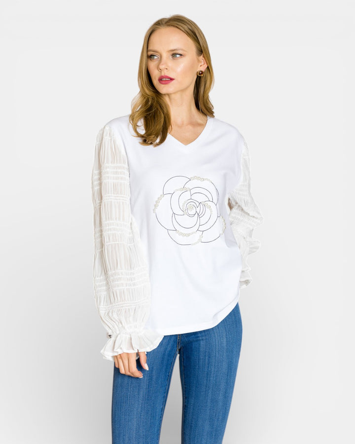 Riley Top with Lace, Embroidery & Pearls 53096RP / White / XS