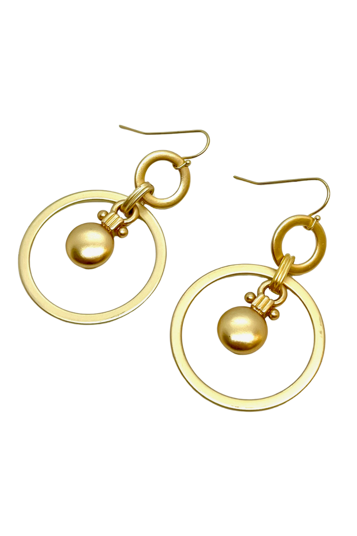 Matte Gold Round Charm In Matte Gold Loop Earrings