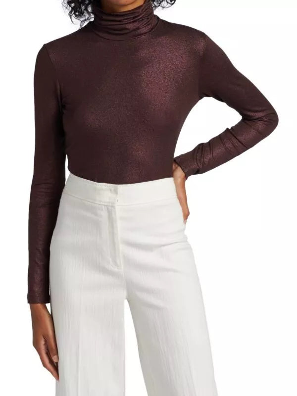 Soft Touch Lurex Metallic Turtleneck Top - Metal Aubergine