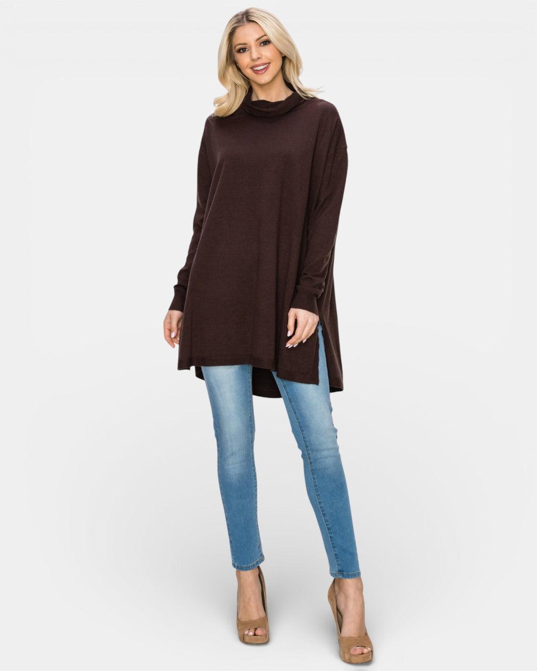 Sarah Stretch Knitted Tunic Sweater 7345SW / Brown / XS