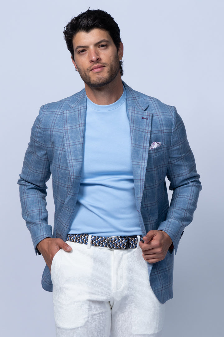 Amalfi Blue Wool Silk Linen Check
