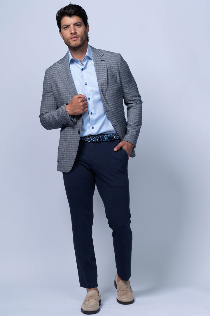 Enzo Navy Beige Stretch Wool Silk Linen Deconstructed