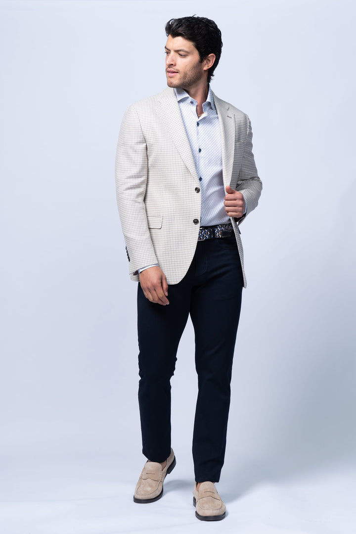 Padova Beige Stretch Wool Silk Linen Check