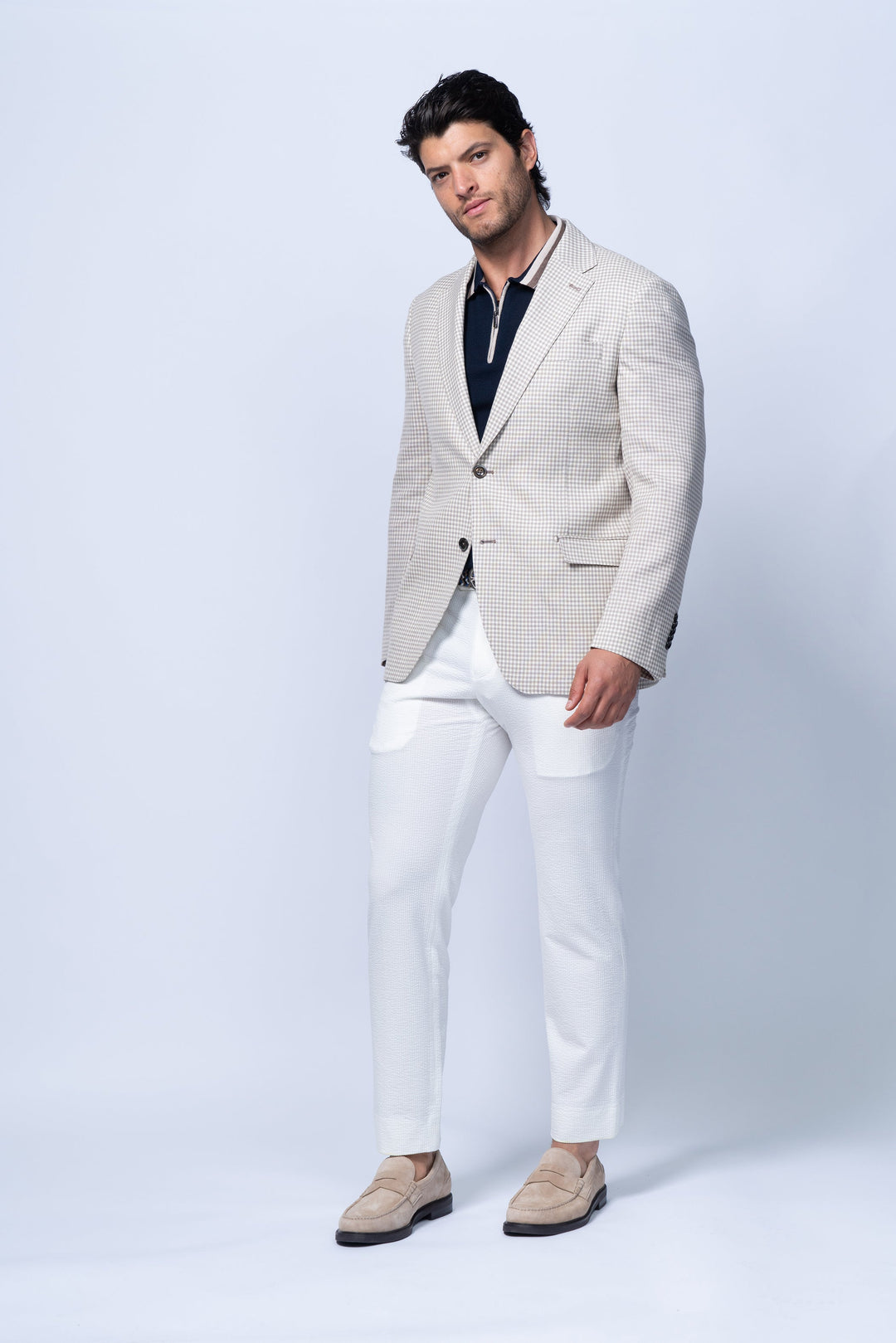 Padova Beige Stretch Wool Silk Linen Check