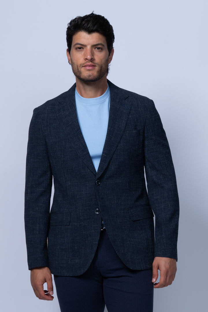 Salerno Navy Seersucker Stretch Wool Silk Linen