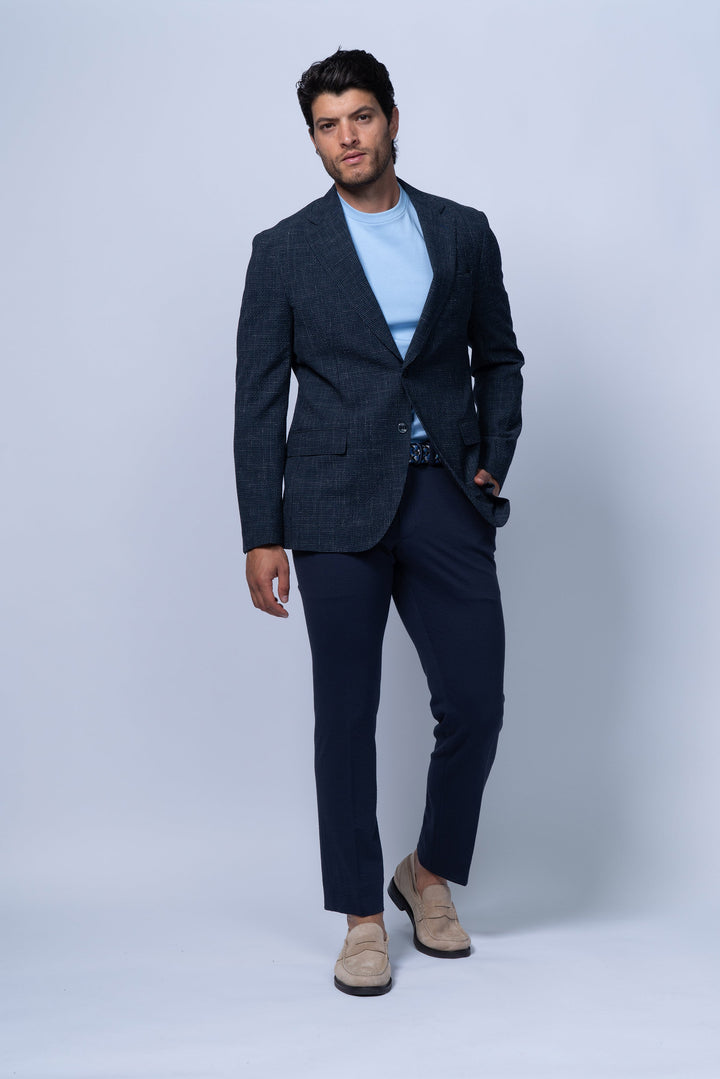 Salerno Navy Seersucker Stretch Wool Silk Linen