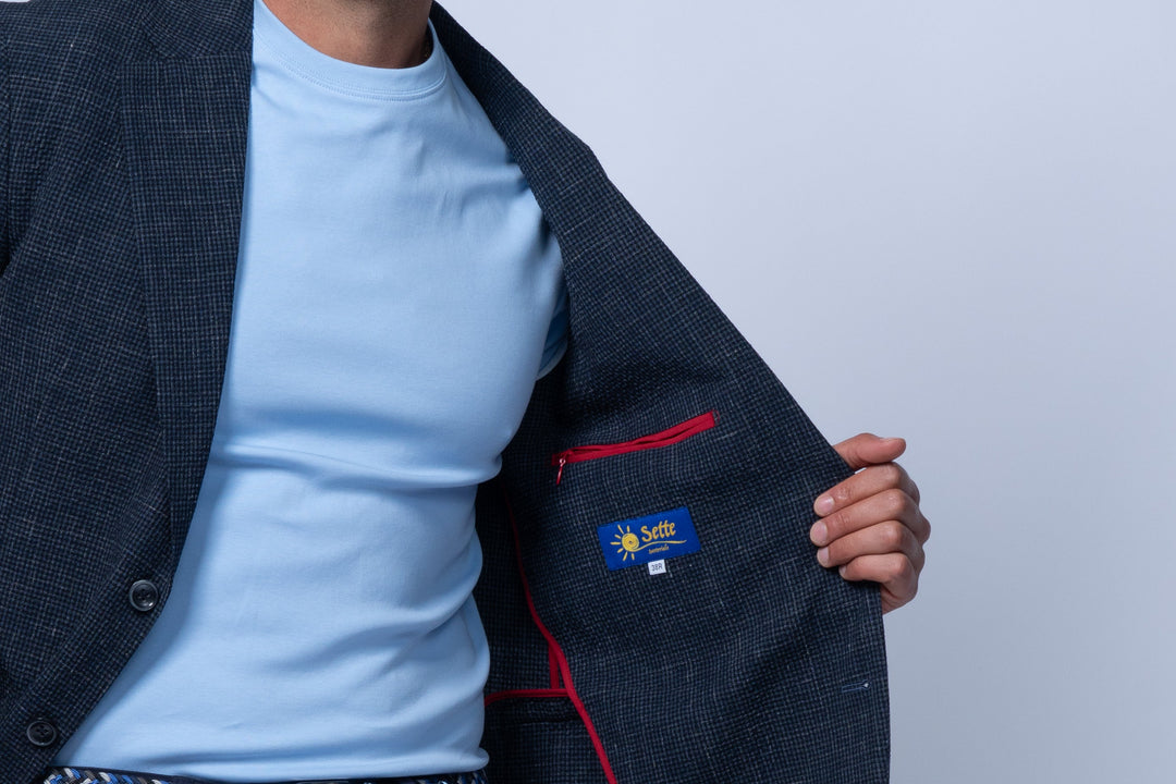Salerno Navy Seersucker Stretch Wool Silk Linen