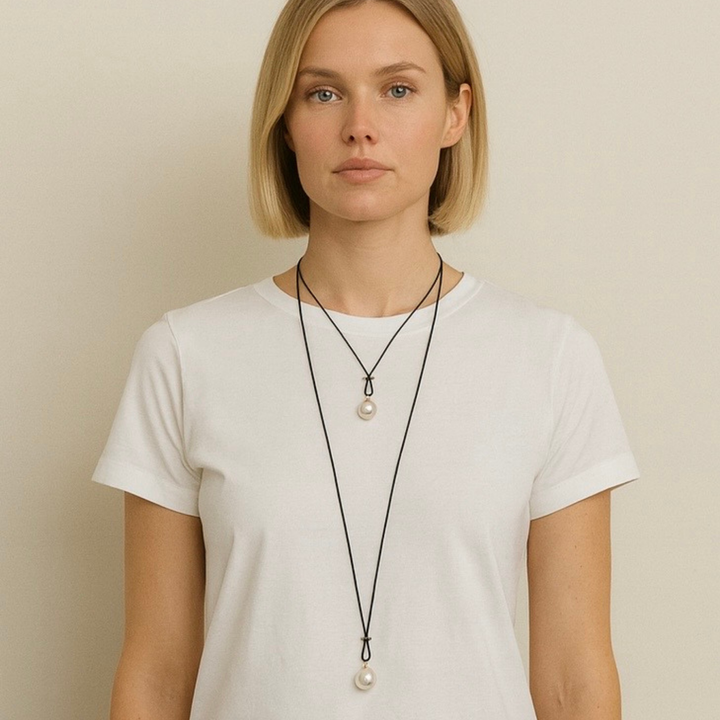 Long Black Linen Cord Criss-Cross Style Necklace With Large Pink Pearl Pendant