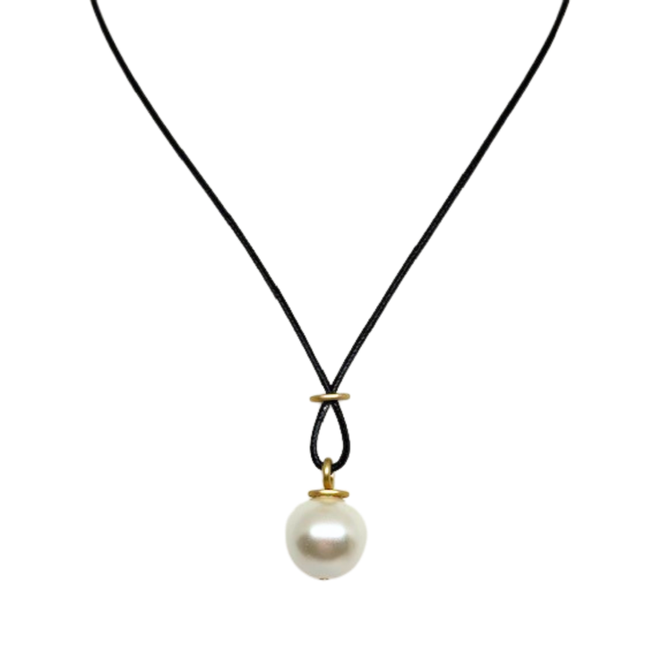 Large Pearl On Criss Cross Design On Black Linen Cord