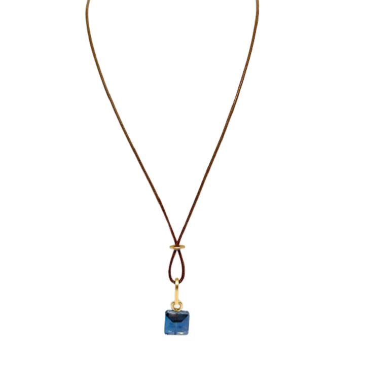 Square Blue Crystal On Bronze Linen Cord