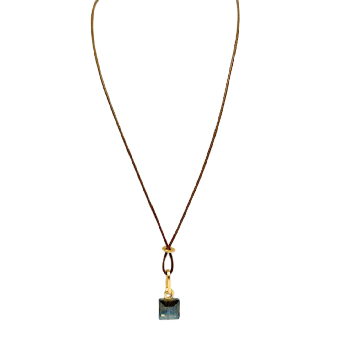 Square Olive Crystal On Bronze Linen Cord
