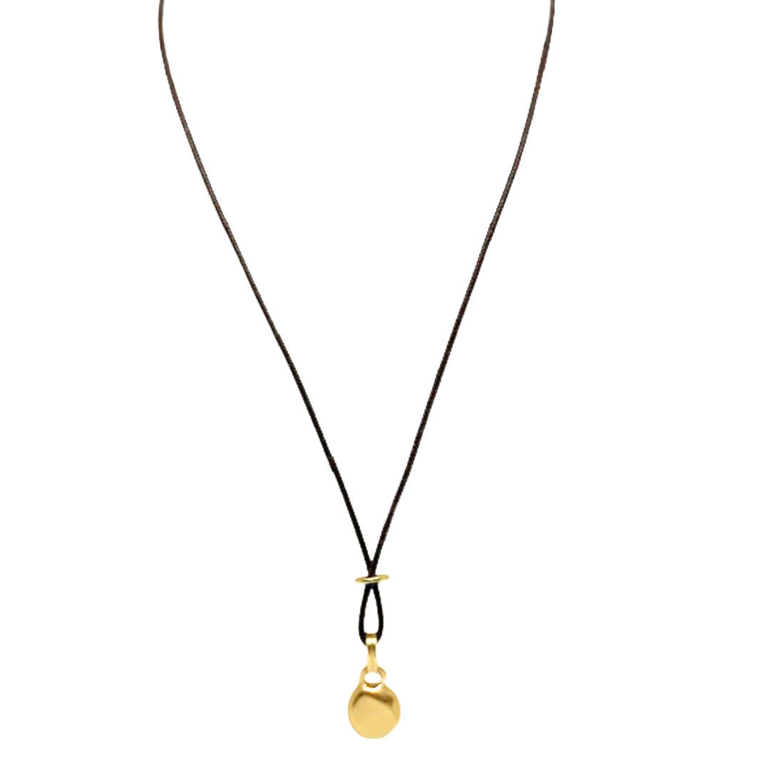Matte Gold Nugget Charm On Criss Cross Chocolate Waxed Linen 16" Necklace